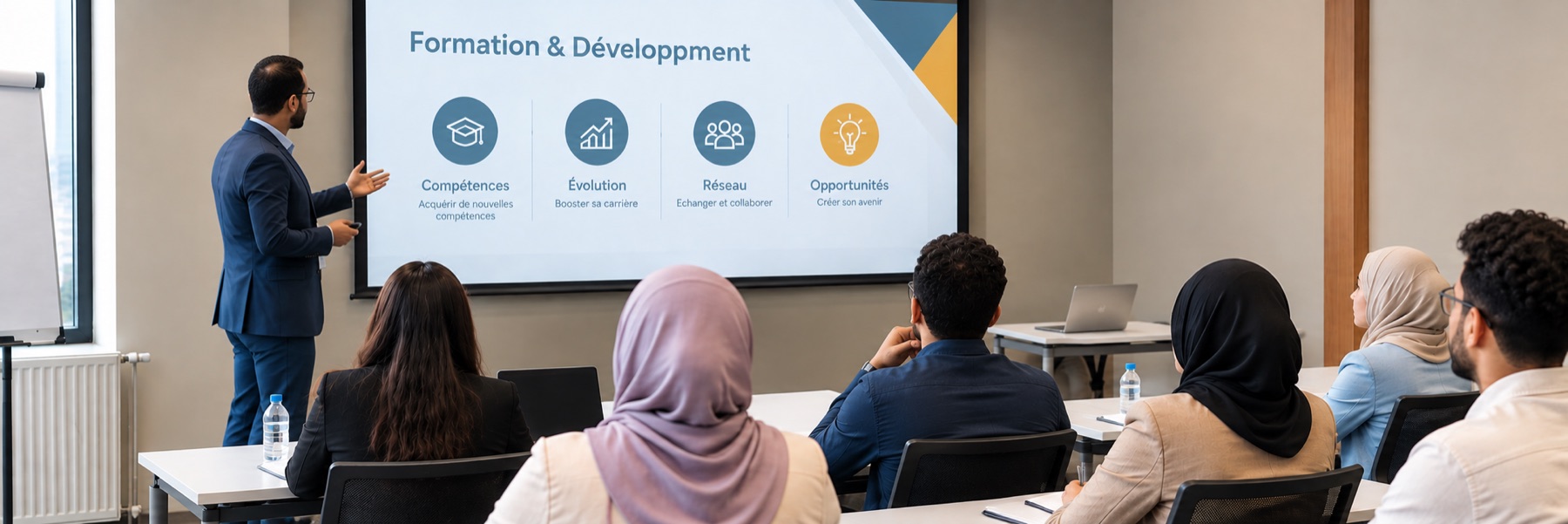 Formateur présentant devant un écran « Formation & Développement » à un groupe de participants